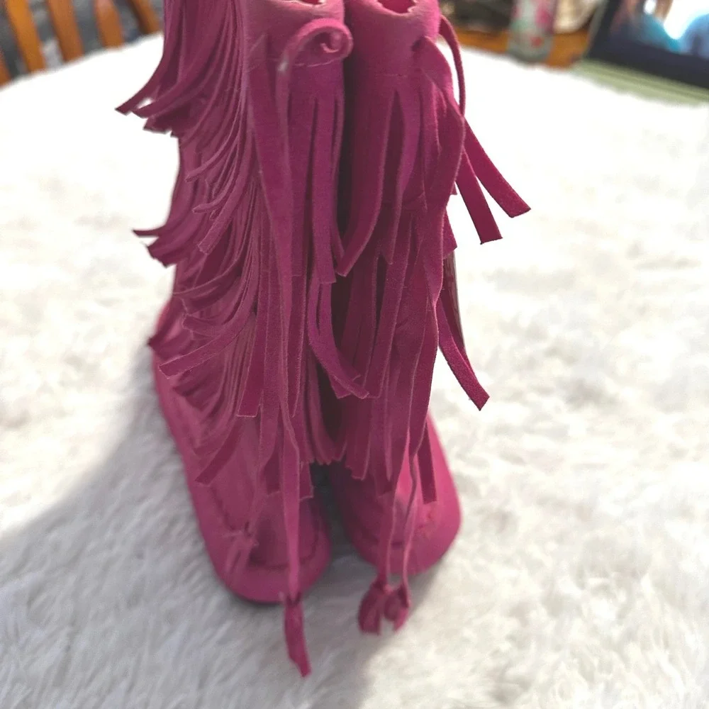 Fuchsia Pink Suede Fringe Moccasin Boots Youth Girls SZ 4 Side‎ Zip Tassel NEW